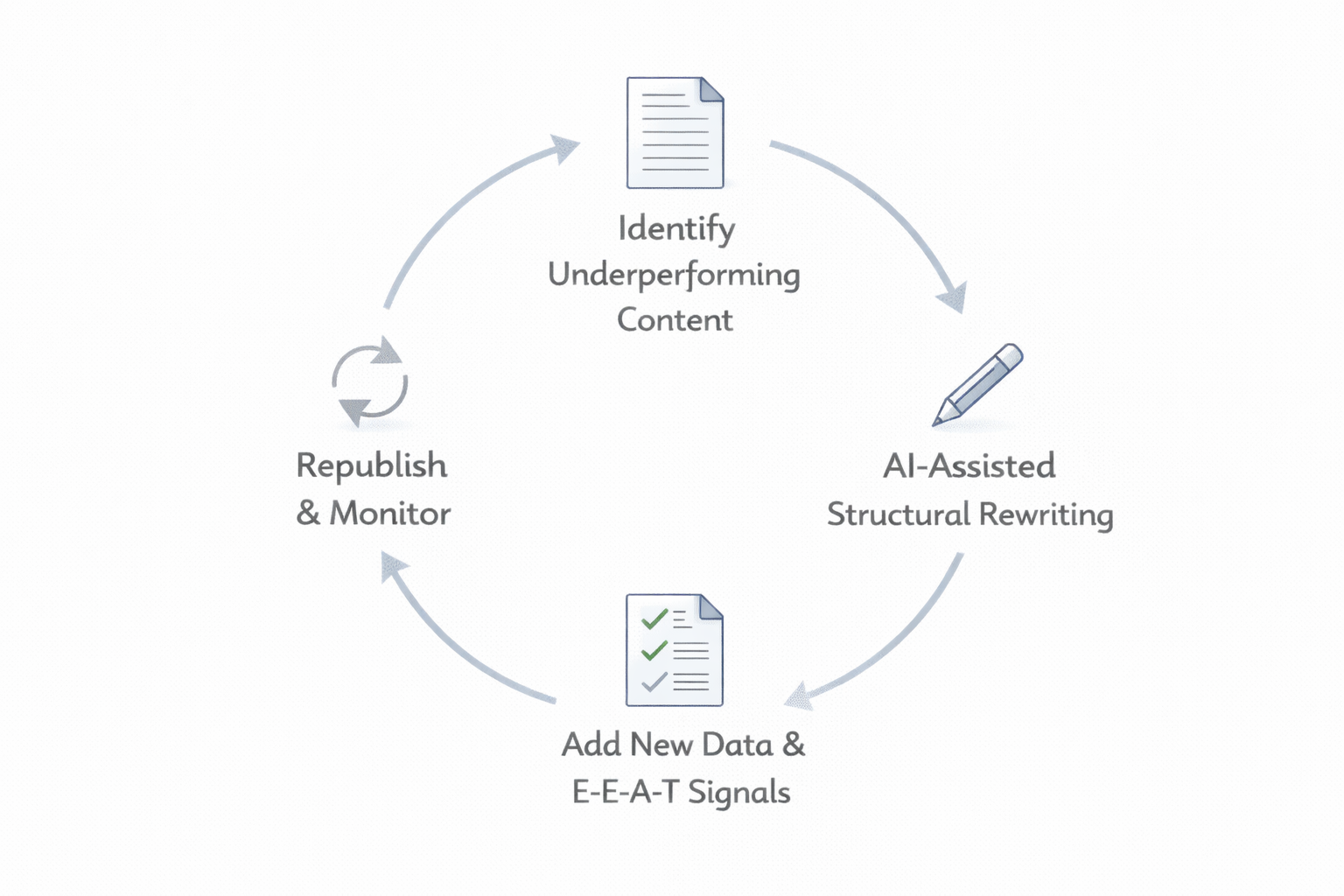 Circular workflow diagram showing content refresh cycle: Identify Underperforming Content, AI-Assisted Structural Rewriting, Add New Data & E-E-A-T Signals, Republish & Monitor